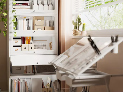 White Multi Layer Storage Shelf With Books Folders Decorative Items And Plants In Workspace 3d model