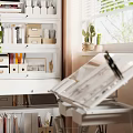 White Multi Layer Storage Shelf With Books Folders Decorative Items And Plants In Workspace