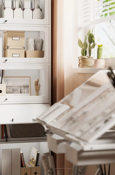 White Multi Layer Storage Shelf With Books Folders Decorative Items And Plants In Workspace 3d model