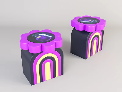 Cute Flower Shaped Coffee Tables For Kids With Purple Petals Black Base Rainbow Stripes Design 3d model