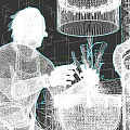 White Haired Game Character Wearing Goggles Gloves Apron Operating Machine With Metal Pipes And Plant