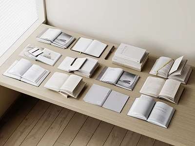 Open Books Magazines Display On Wooden Table With Various Design And Layout Styles 3d model