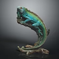 Green Iguana Sculpture Perched On Curved Branch With Detailed Texture And Dark Background