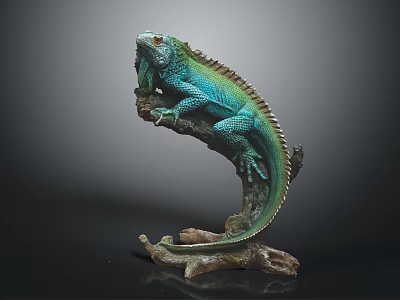Green Iguana Sculpture Perched On Curved Branch With Detailed Texture And Dark Background 3d model