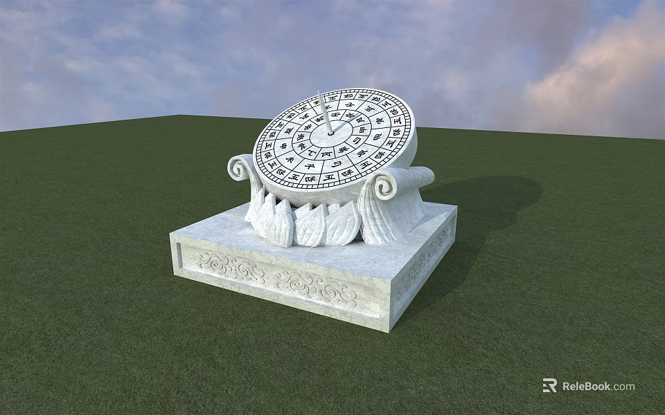 Ornate Sundial Clock On White Pedestal In Green Grass With Decorative Carvings 3d model 