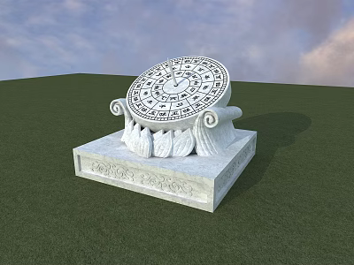 Ornate Sundial Clock On White Pedestal In Green Grass With Decorative Carvings 3d model