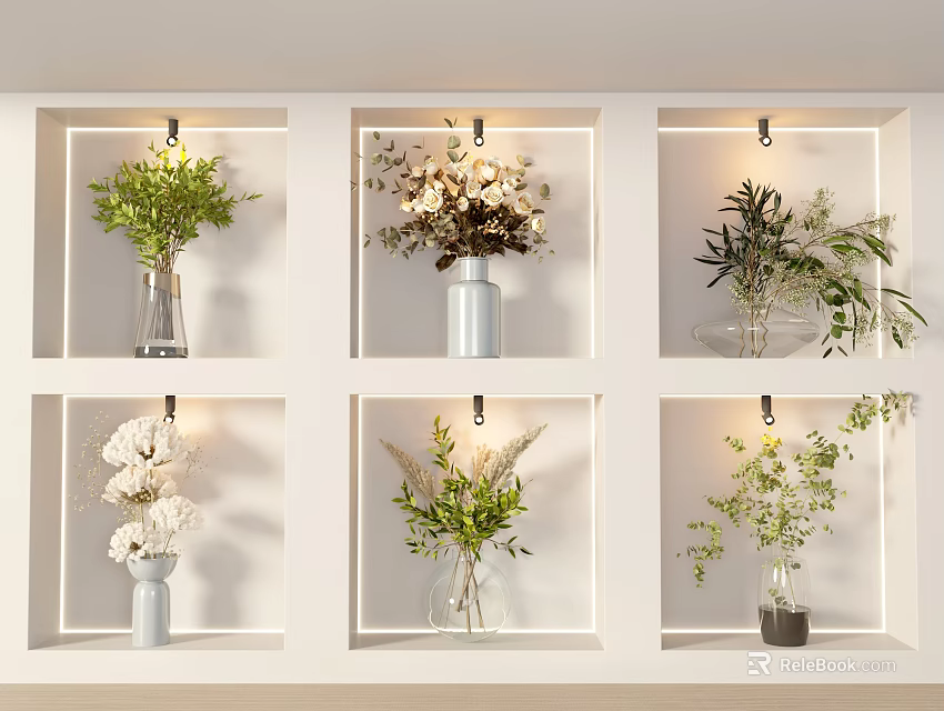 Stylish Vases With Various Flowers And Green Plants On White Grid Shelves Six Compartments 3d model 