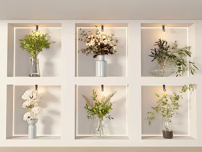 Stylish Vases With Various Flowers And Green Plants On White Grid Shelves Six Compartments 3d model