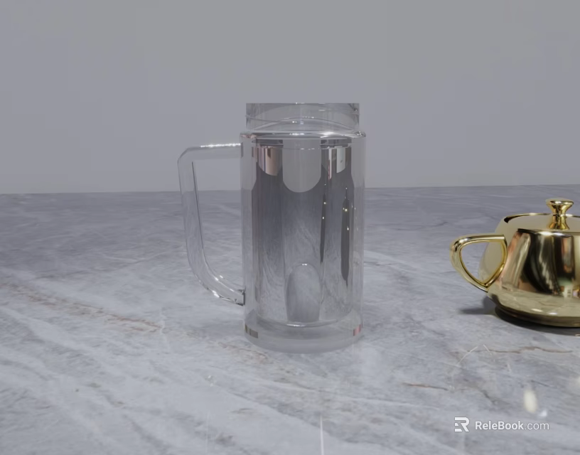 Transparent Glass Mug With Handle On Marble Countertop And Gold Accessory 3d model 