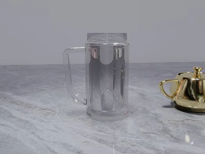 Transparent Glass Mug With Handle On Marble Countertop And Gold Accessory 3d model