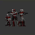 Four Red And White Clone Troopers Holding Weapons In Various Standing Poses 3d model