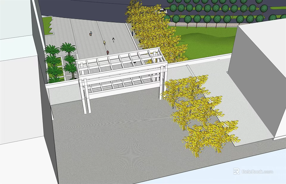 White Frame Entrance Gate With Yellow Trees Palm Trees And Gray Paved Ground 3d model 