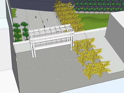White Frame Entrance Gate With Yellow Trees Palm Trees And Gray Paved Ground 3d model
