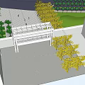 White Frame Entrance Gate With Yellow Trees Palm Trees And Gray Paved Ground