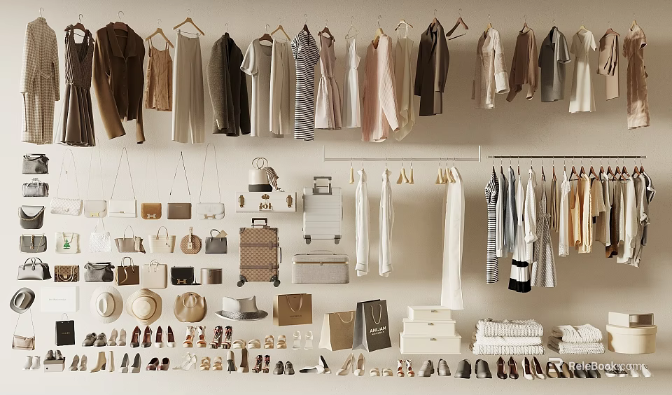 Stylish Clothes Collection Displayed On Hangers And Racks With Hats Bags Shoes And Accessories 3d model 
