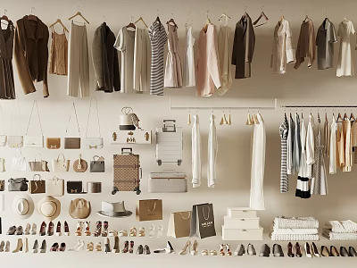 Stylish Clothes Collection Displayed On Hangers And Racks With Hats Bags Shoes And Accessories 3d model