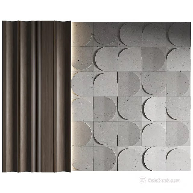 Modern Contemporary Wall Design With Gray Concrete Circular Patterns And Wooden Side Panel 3d model 