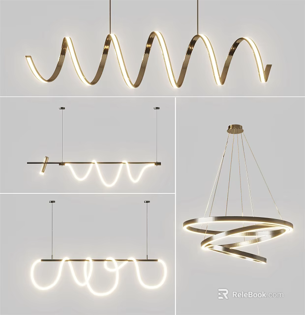 Modern Chandelier Designs With Spiral Wave And Ring Shapes For Contemporary Interiors 3d model 