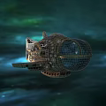 Vintage Steampunk Submarine With Metallic Hull And Round Glass Window In Blue Cosmic Background