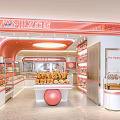 Family Dessert Shop Interior With Pink White Decor Display Cases And Fresh Bread