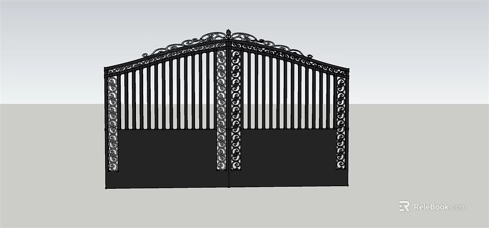 Black Wrought Iron Double Door Gate With Ornate Carved Arched Top 3d model 