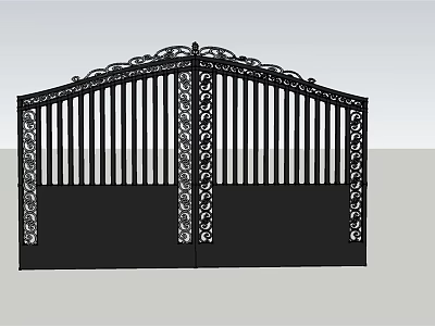 Black Wrought Iron Double Door Gate With Ornate Carved Arched Top 3d model