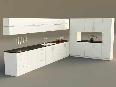 Modern Kitchen Interior With White Wall And Base Cabinets Black Countertop Sink And Decorative Plant 3d model
