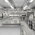 Modern Commercial Kitchen Design With Stainless Steel Worktables And Ventilation Equipment