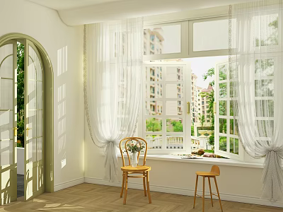 White Curtains By Window With Wooden Chairs And Green Plants Outside 3d model