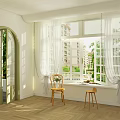 White Curtains By Window With Wooden Chairs And Green Plants Outside