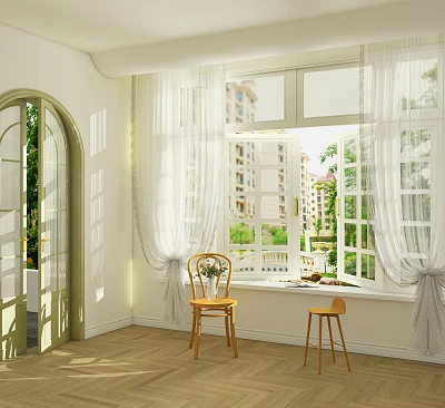 White Curtains By Window With Wooden Chairs And Green Plants Outside 3d model
