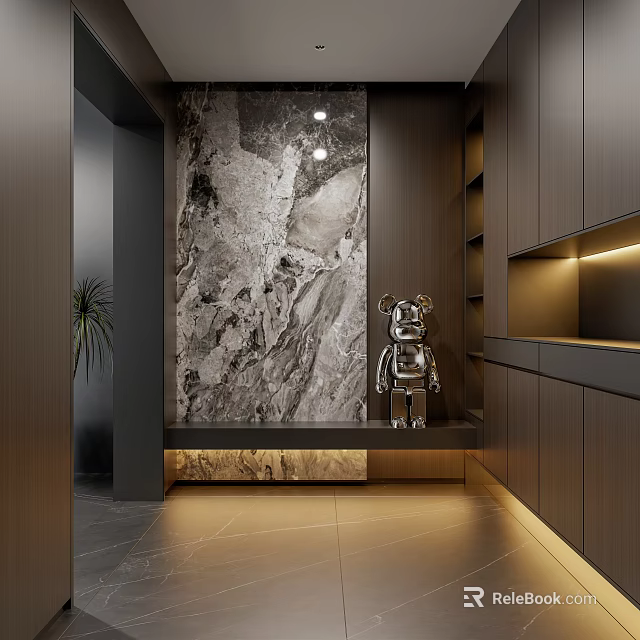 Modern Luxury Entryway Hallway With Marble Wall Art Sculpture And Wooden Cabinets 3d model 