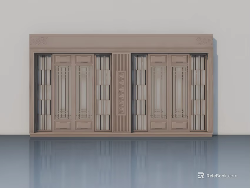 Traditional Wooden Swing Doors With Intricate Lattice Panels And Carved Details 3d model 