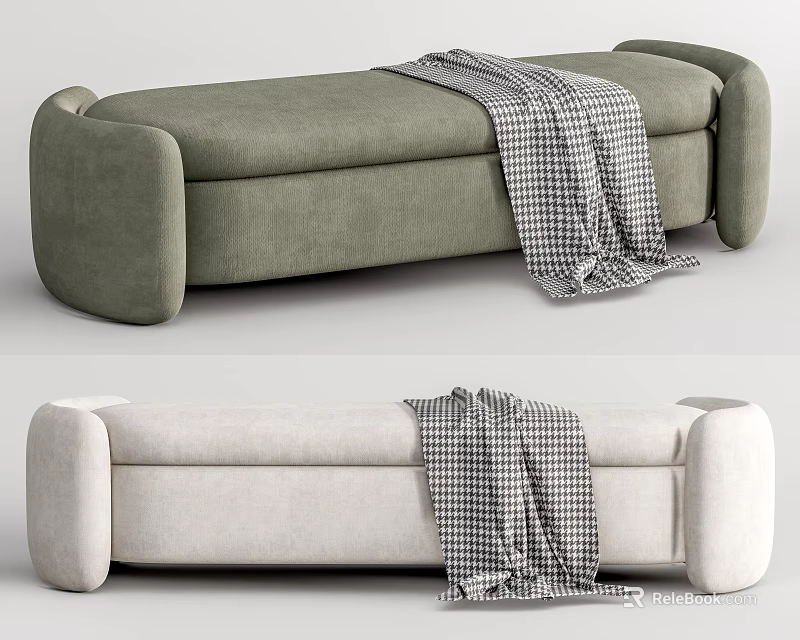 Modern Green and Beige Sofa Bench with Plaid Blanket and Sleek Design 3d model 