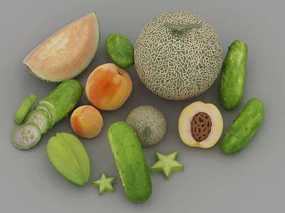 Fresh Assorted Fruits Including Cantaloupe Peach Starfruit Melon and Sliced Pieces 3d model