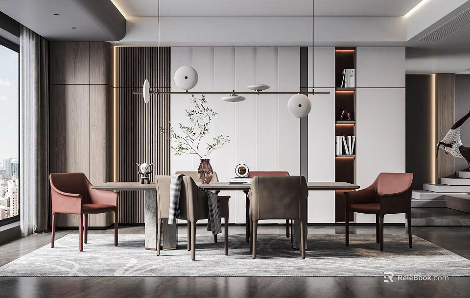 Modern Dining Table With Pink Brown Chairs Decorative Plant Hanging Lights And Bookshelf Interior 3d model 