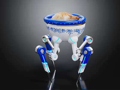 Innovative Tableware Set With Blue White Patterned Bowl Roasted Chicken And Mechanical Legs Support 3d model