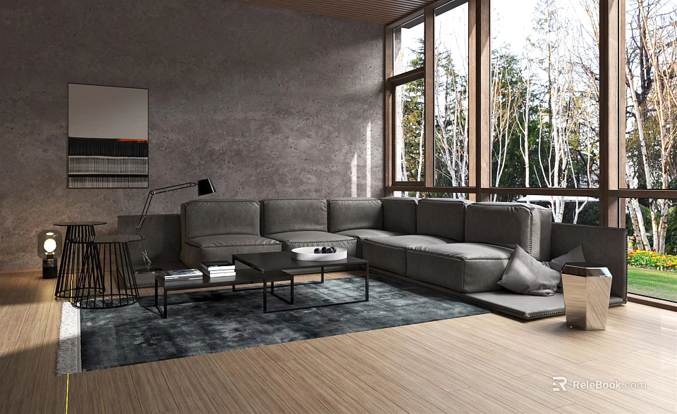 Modern Living Room With Large Sectional Sofa Floor To Ceiling Windows And Wooden Flooring 3d model 