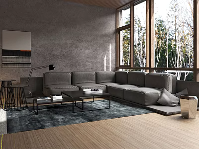 Modern Living Room With Large Sectional Sofa Floor To Ceiling Windows And Wooden Flooring 3d model