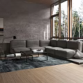 Modern Living Room With Large Sectional Sofa Floor To Ceiling Windows And Wooden Flooring