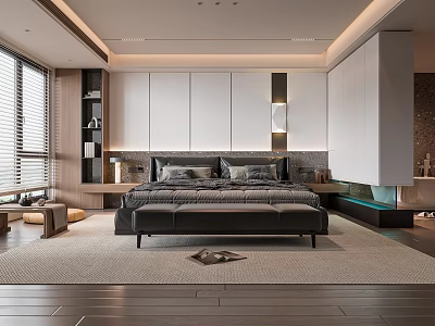 Modern Elegant Bedroom Interior With Large Gray Bed White Wardrobes And Window Blinds 3d model