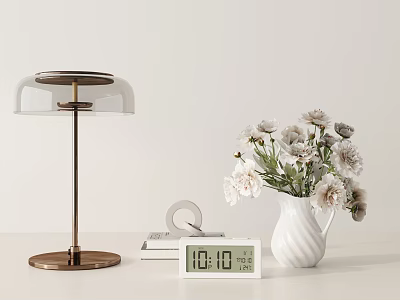 Stylish Decorative Ornament Set with Brass Table Lamp White Vase Flowers Digital Clock and Books for Home Decor 3d model