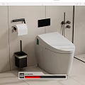 Modern White Toilet in Bathroom with Toilet Paper Holder Roll and Brush Holder
