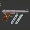 Silver Metal Pistol With Red Wooden Grip And Two Ammunition Magazines Displayed