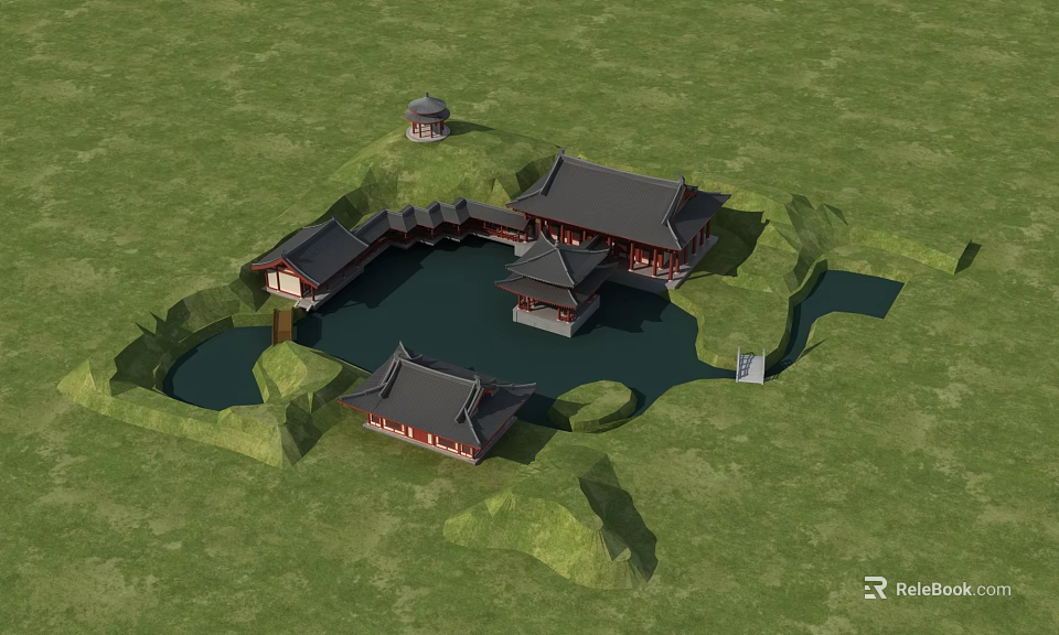 Scenic Ancient Chinese Architecture Complex With Pond Pavilions And Rocky Hills 3d model 