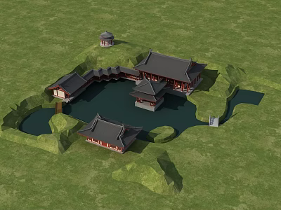 Scenic Ancient Chinese Architecture Complex With Pond Pavilions And Rocky Hills 3d model