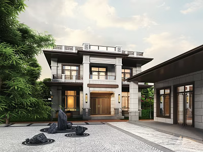Elegant Detached Villa Exterior With Courtyard Greenery Stone Entrance And Decorative Rocks 3d model