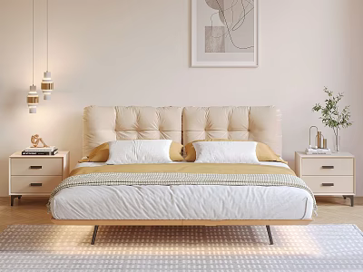 Modern Double Bed With Beige Upholstered Headboard White Pillows Yellow Blanket And Abstract Wall Art 3d model