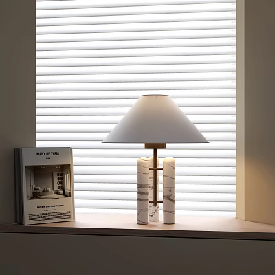 Modern Table Lamp with White Lampshade and Glass Base Near Window and Book 3d model