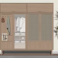 Modern Natural Wood Wardrobe Featuring Hanging Clothes Section Drawers and Mesh Panel Doors